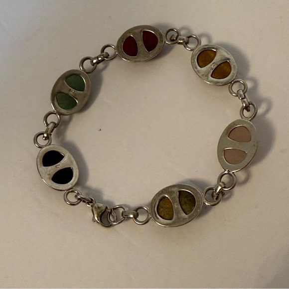 VINTAGE BRACELET STERLING SILVER 925 SCARABS 6 MULTI COLOR 7” - Picture 7 of 9